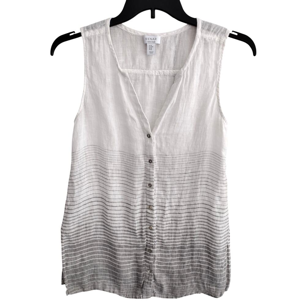 Kenar 100% Linen White & Gray Striped Button-Front V-Neck Sleeveless Top Medium